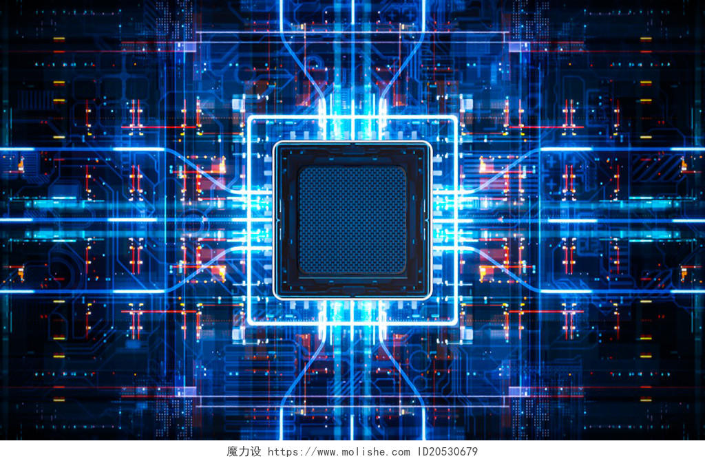 蓝色炫酷C4D立体AI智能芯片科技未来展板背景科技感